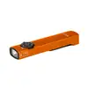 Olight orange flat EDC flashlight with green laser pointer and pocket clip isolated on white background