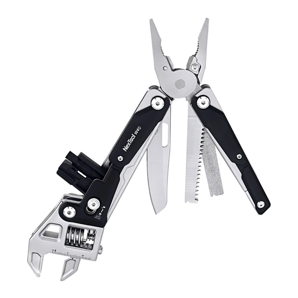NexTool W40 multi-tool featuring pliers, adjustable wrench, knife, saw, and file on a white background