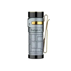 Olight Gray Baton 4 EDC Flashlight with Textured Grip and Gold Pocket Clip for Everyday Carry and Outdoor Use