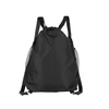 Black drawstring backpack with mesh side pockets, honeycomb texture, and adjustable shoulder straps