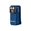 Olight Blue Oclip Pro Clip-on EDC Light Three-Quarter View showing Triple LEDs and Side Button for Hands-free Everyday Carry
