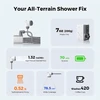 Flextail portable camp shower features showing 7oz weight, 1.32 Gal/Min water flow, and 70-minute battery runtime
