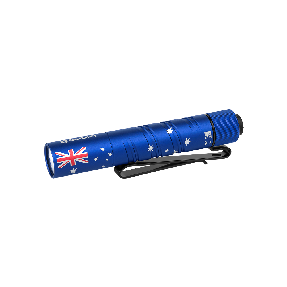 Olight Blue I3T 2 Flashlight Side View with Australian Flag and Pocket Clip for Everyday Carry and Illumination