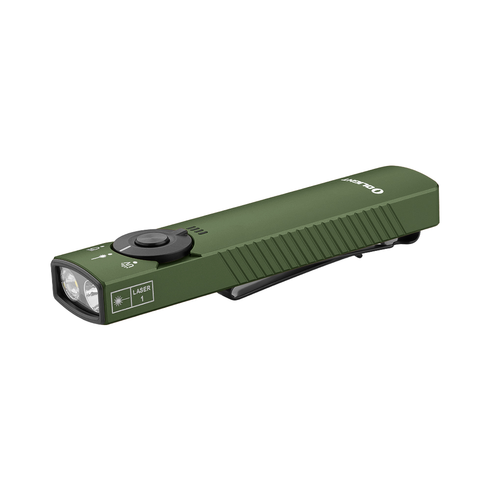 Olight Olive Green Arkfeld Pro Side View with Flashlight and Laser Features for Everyday Carry