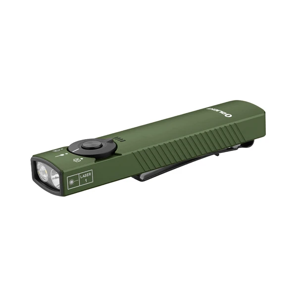 Olight Olive Green Arkfeld Pro Side View with Flashlight and Laser Features for Everyday Carry