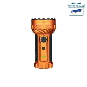 Olight Orange Marauder 3 Flashlight Front View with Rotary Switch Knob and LED Battery Indicator for Search and Rescue