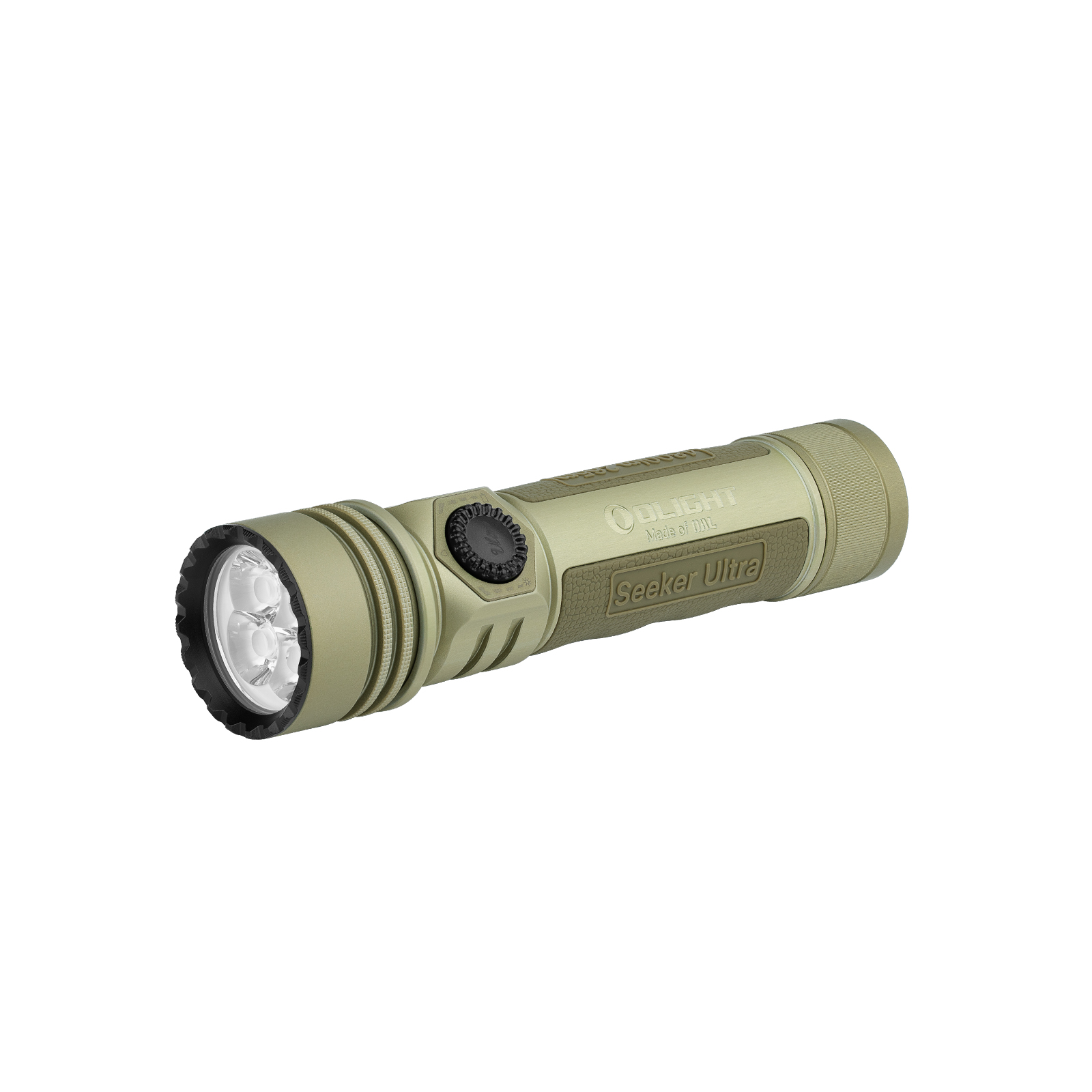Olight Seeker Ultra tactical flashlight in OD green with textured grip and side switch on white background