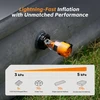 Portable Flextail air pump inflating a grey camping mattress outdoors with inflation performance chart.