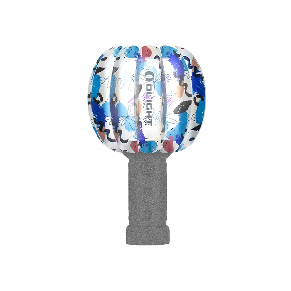 Olight fan cover with abstract blue, black, and purple patterns on a white background, gray handle.