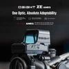 Osight XE AMRS enclosed emitter red dot sight with side-loading battery and collapsible backup rear sight on firearm.