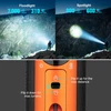 Flashlight demonstrating floodlight (7000 lumens, 310m) and spotlight (900 lumens, 600m) modes, controlled by a switch.