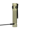 Olight Desert Tan Baton 4 Pro Flashlight Side View with Charging Cable Connected, Power Indicator, and Pocket Clip