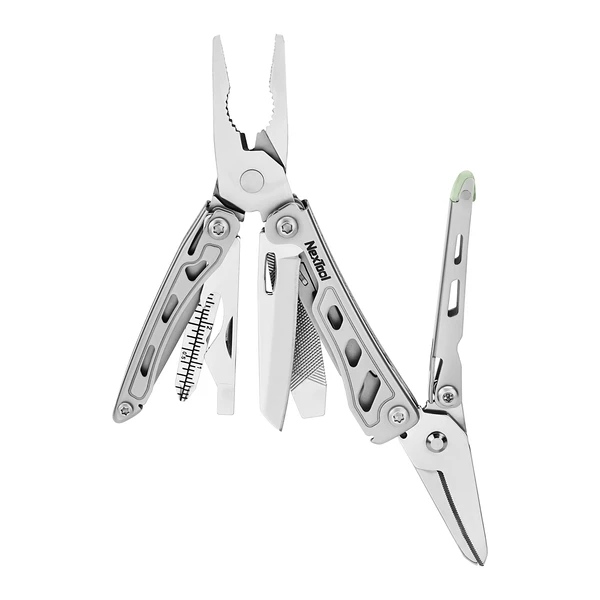 NexTool stainless steel multi-tool featuring pliers, knife, file, and ruler on white background