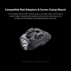 Olight Arkfeld Pro flashlight with compatible rail adapters and screw-clamp mount for weapon-mounted applications