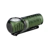 Green Perun 2 Mini flashlight, compact, with a textured body and power button, showing its clip.