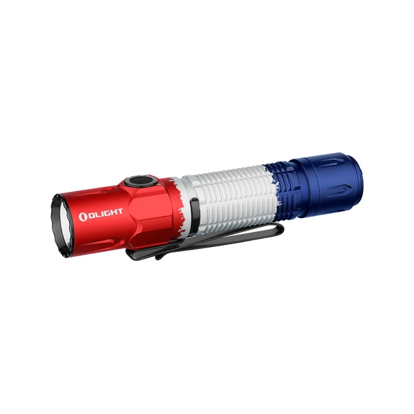 Olight Warrior 3S red, white, and blue tactical flashlight with side switch for everyday carry
