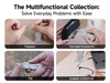 Four-panel infographic demonstrating a multifunctional pocket multitool being used as tweezers, flat-head screwdriver, file, and eyeglass screwdriver.