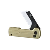 Folding utility knife with gold aluminum handle and white ceramic trapezoid blade isolated on black background