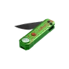 Green pocket knife flashlight combo with red blood splatter pattern on black background