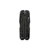 Black multi-tool pocket knife folded on a white background