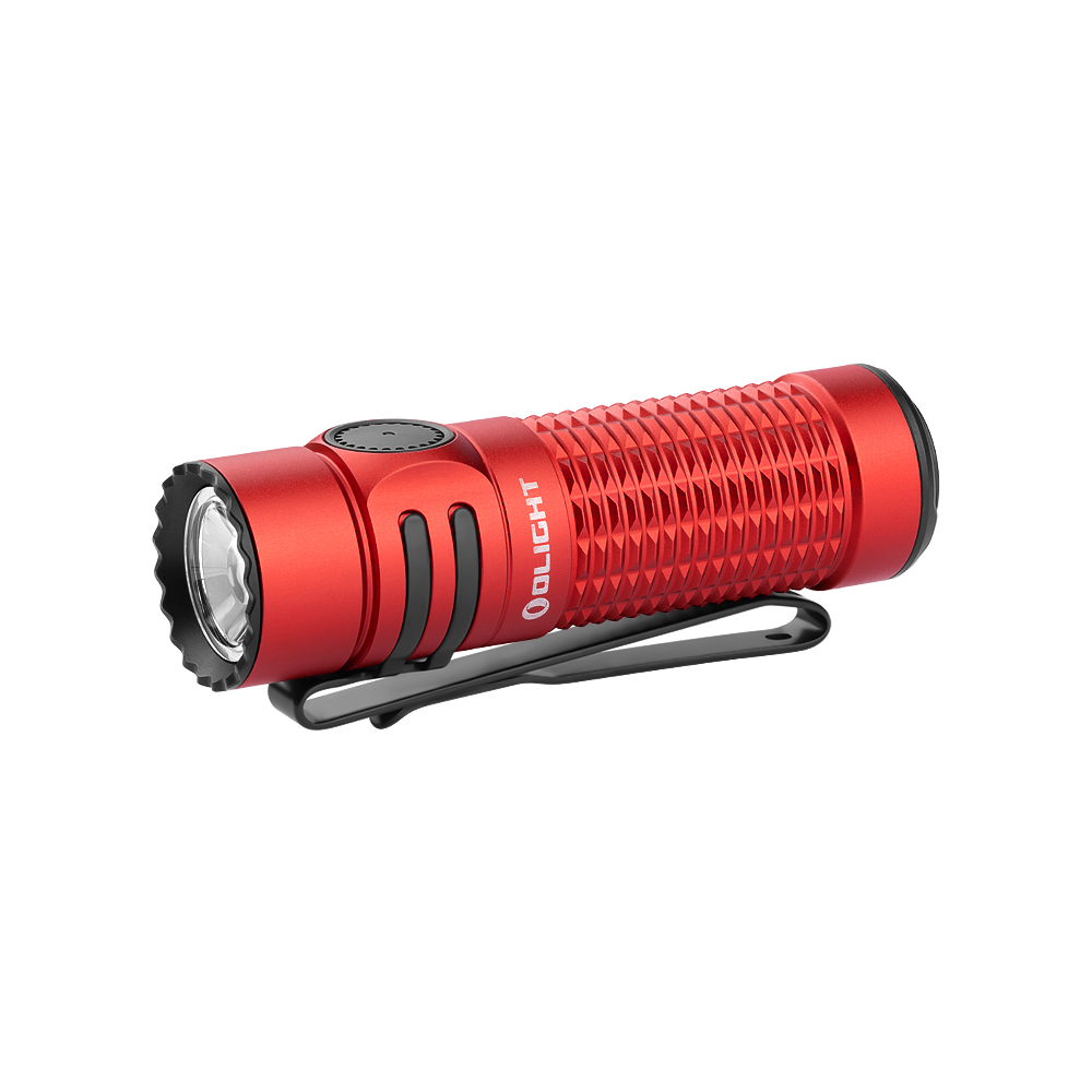 front view of Warrior Nano Compact Rechargeable Tactical Flashlight in red