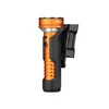 Orange Olight Prowess flashlight with knurled grip in a black belt holster on a white background