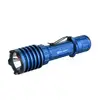 Blue Olight tactical flashlight with pocket clip isolated on white background