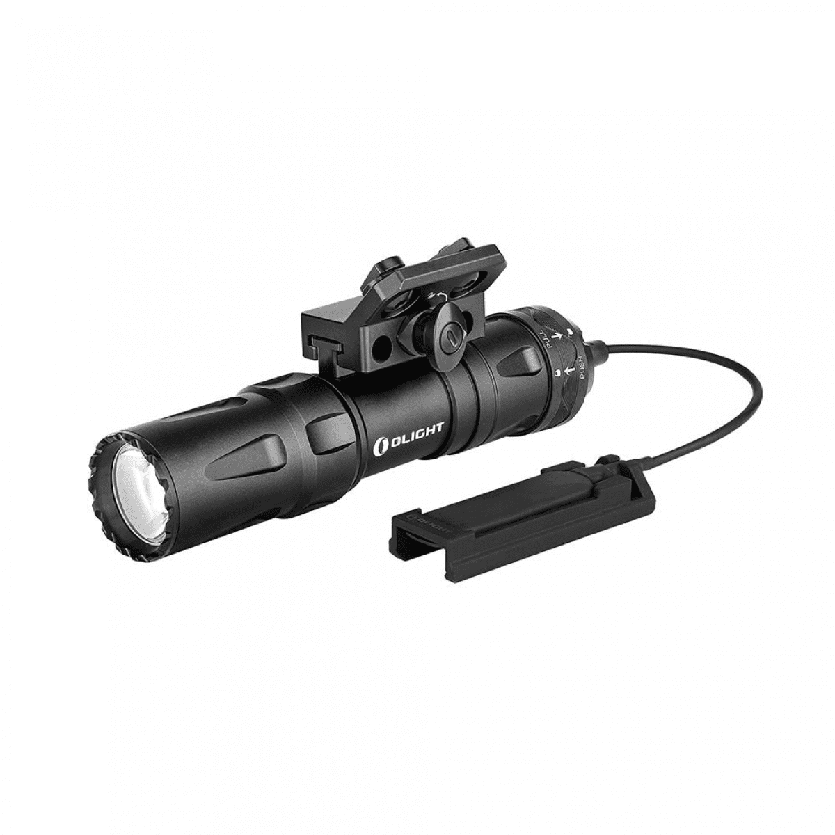 Front view of Odin Mini in black with pressure switch and mount