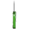 Green pocket knife slim spine view with black blade pocket clip and textured aluminum handle on black background