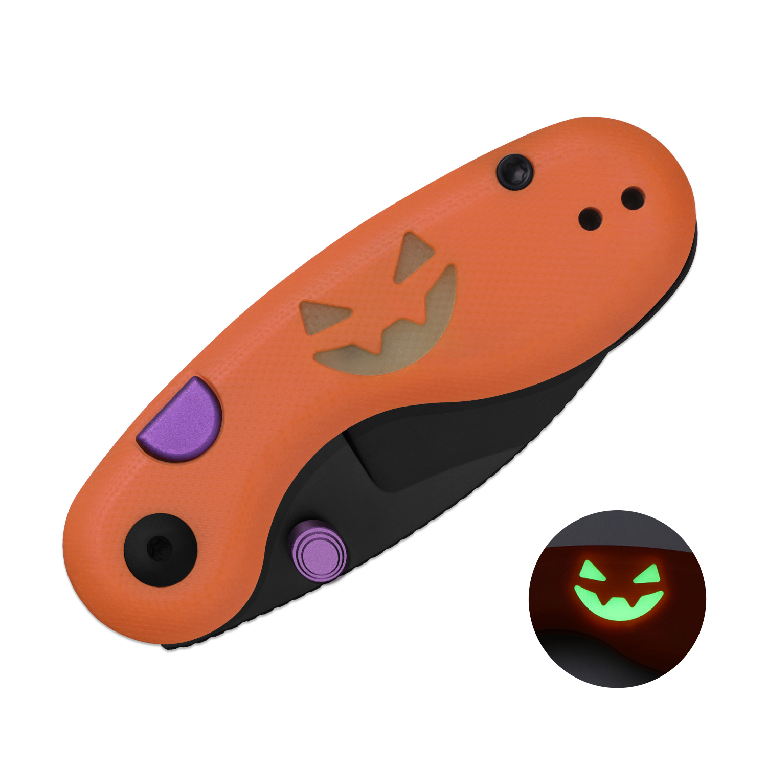 Orange Halloween pocket knife with purple accents and a glow-in-the-dark jack-o-lantern face on the handle