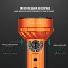 Olight orange flashlight with intuitive user interface, rotary knob, brightness, battery, and light color indicators.