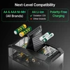 Battery charger for AA & AAA Ni-MH, AA Li-ion, and other brands with polarity-free charging compatibility.