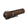 Olight Perun 2 mini right angle tactical flashlight in desert tan with pocket clip and textured grip.