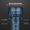 Olight flashlight intuitive user interface: ergonomic rotary knob, brightness, battery level, and light color indicators.