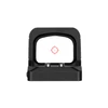 Black reflex sight with illuminated red circle dot reticle on white background