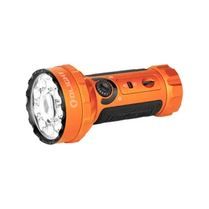 Olight Marauder Mini powerful orange flashlight with multiple LED lenses and black textured grip on white background