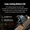 Long-lasting battery life of an optic sight, showing 77,000 hours on dot-only mode and 308,000 hours with charging cover.