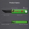Product specifications diagram for a green pocket knife with a built-in flashlight, showing dimensions and blade thickness.