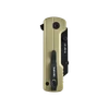 Oknife U1 Ultra folding pocket knife with gold handle and black pocket clip isolated on black background
