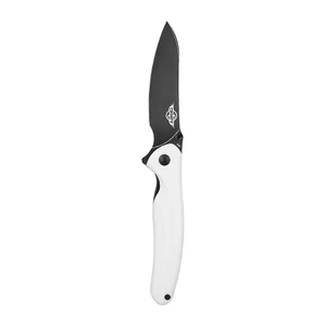 Oknife folding pocket knife with black blade and textured white handle isolated on white background
