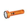 Orange rechargeable LED flashlight with textured grip and multi-LED lens on a white background.