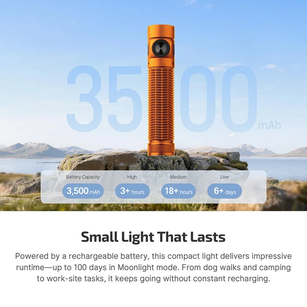 Olight Orange Baton 4 Pro Upright View, showcasing a 3500mAh high-capacity battery for extended outdoor use and daily tasks.