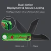 Green pocket knife with blood splatter design demonstrating flipper and button lock dual-action deployment mechanism