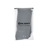 Olight branded translucent plastic bag with a zipper, containing a gray item and a white background