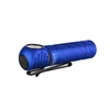 Blue Olight Perun 2 mini headlamp, LED flashlight, angled with pocket clip