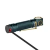 Olight dark green right-angle flashlight with gold trim, side view showing magnetic charging for versatile use.