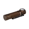 Olight brown right-angle LED flashlight with textured grip and black pocket clip isolated on white background