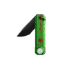 Green multi-tool pocket knife with red blood splatter pattern, black blade, and built-in LED flashlight on black background