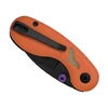 Orange folding pocket knife with black pocket clip and a bat shape inlay isolated on white background