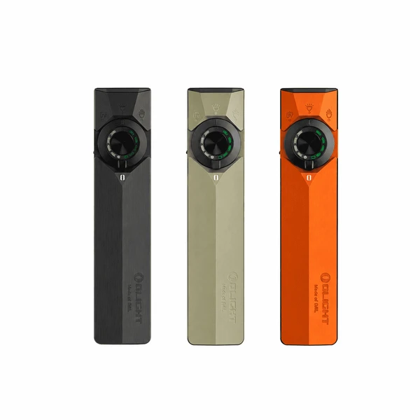 Three Olight ArkPro flat EDC flashlights in black, OD green, and orange featuring multi-source selectors for daily carry